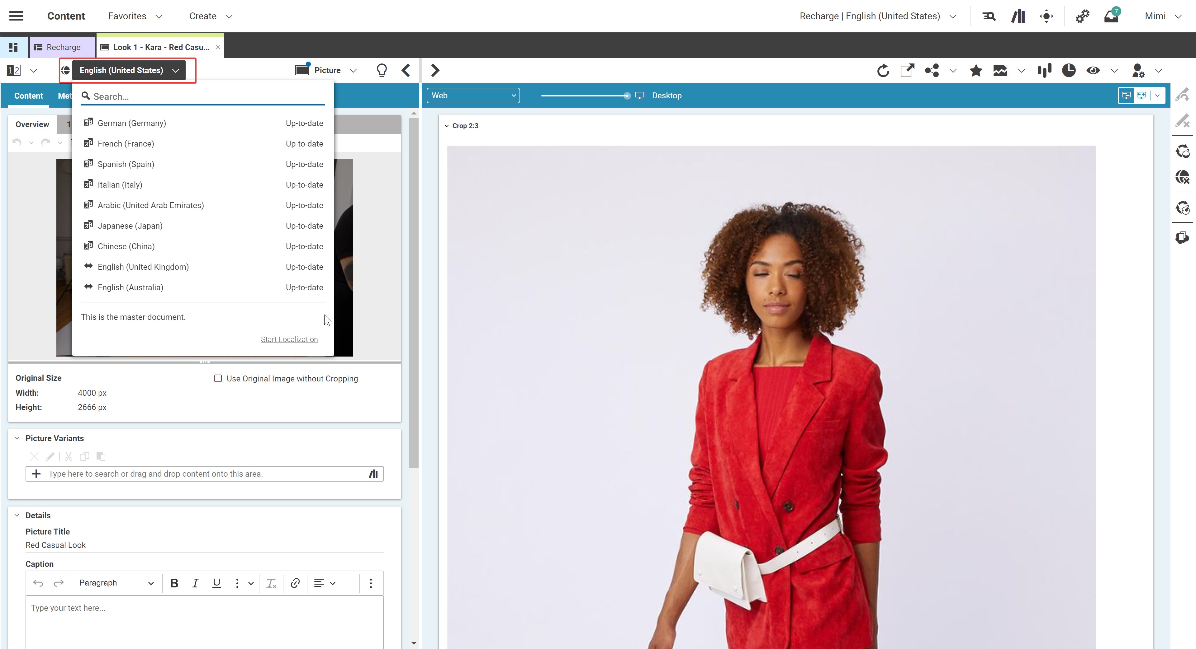 Open the overview of the content's localized variants