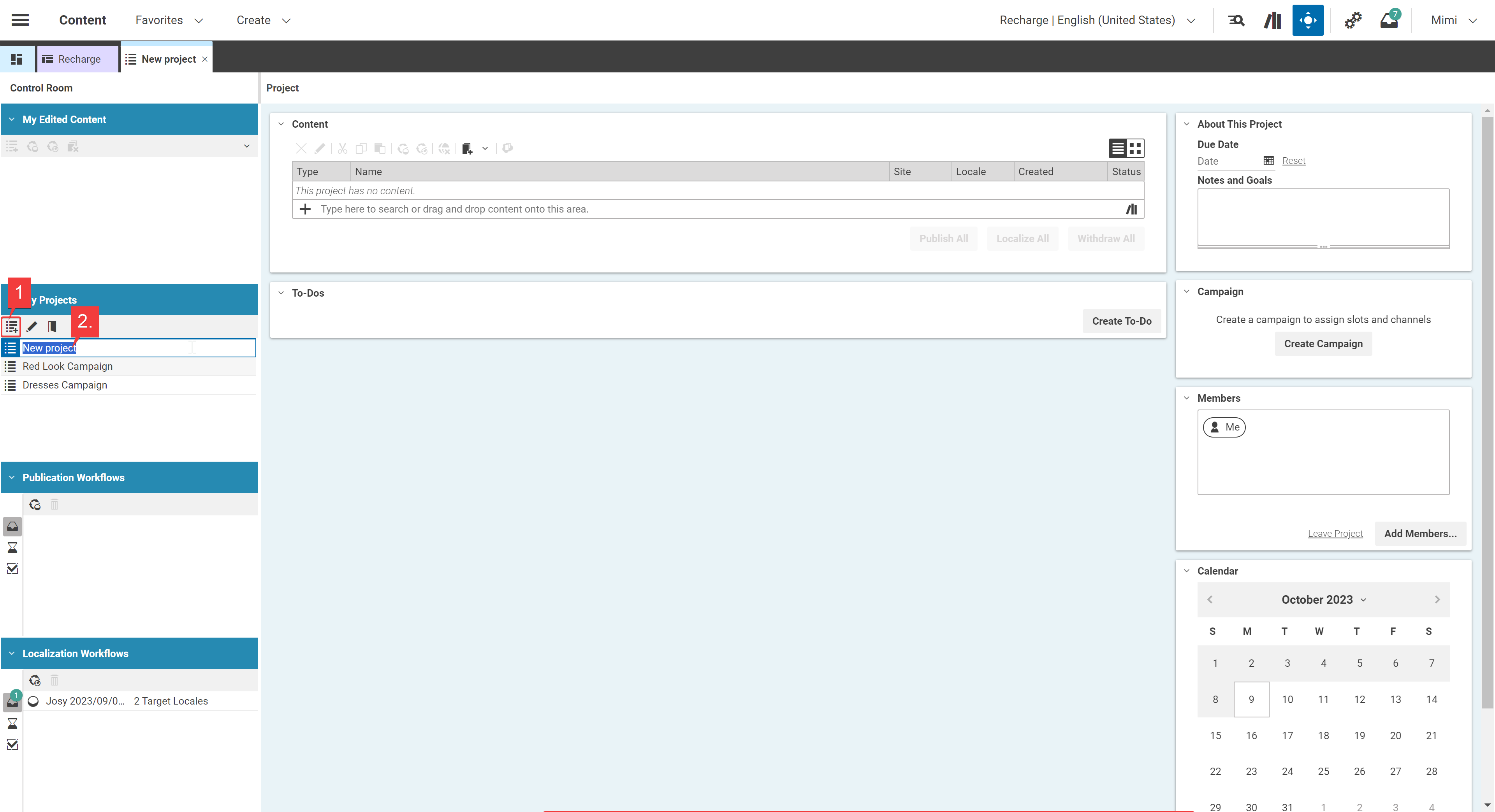Create a new project from the Control Room