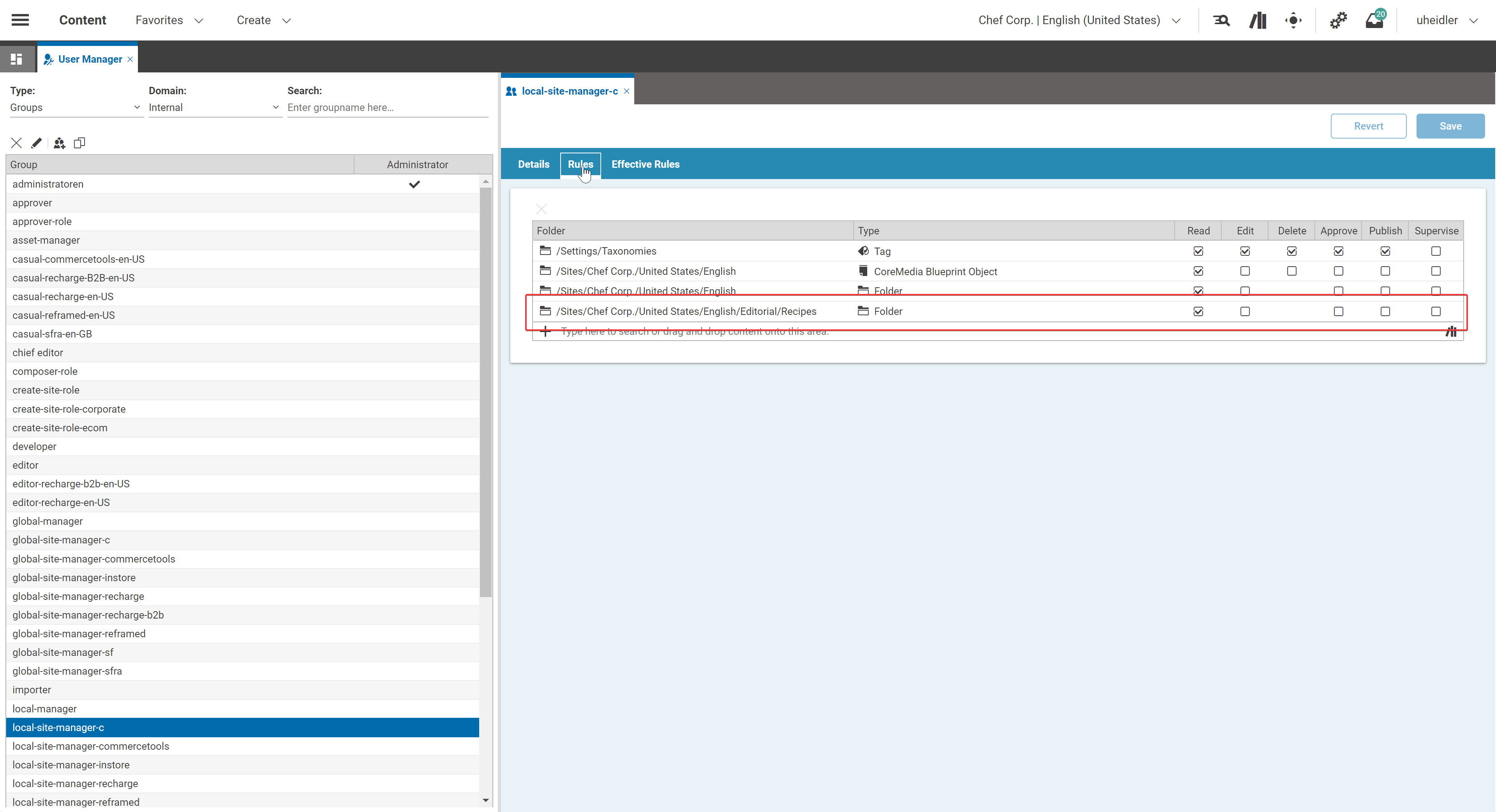 The User Manager reflects the new set of rules