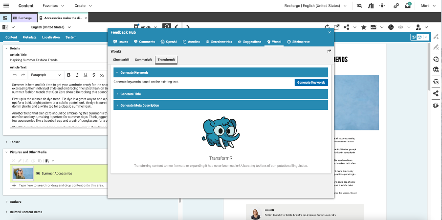 TransformR integration generating keywords from existing text