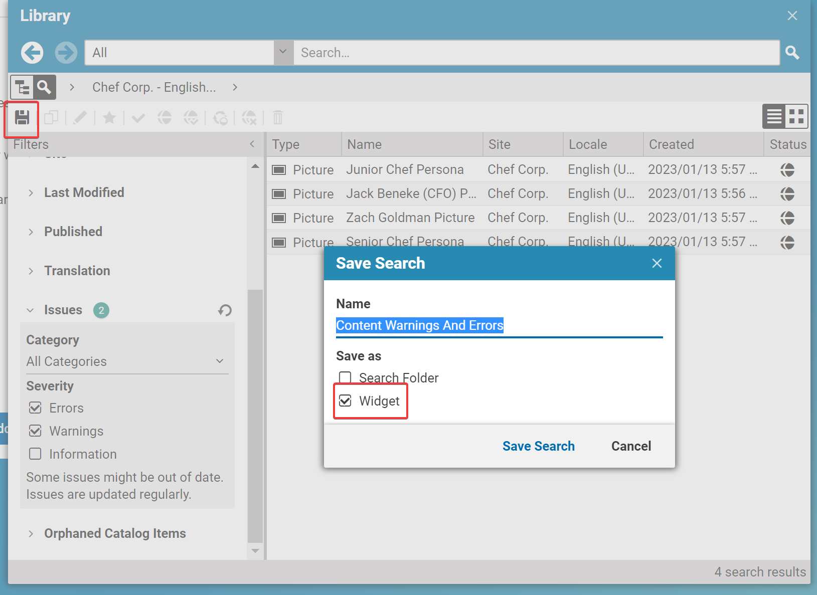 Screenshot of "saved searches" dialogue