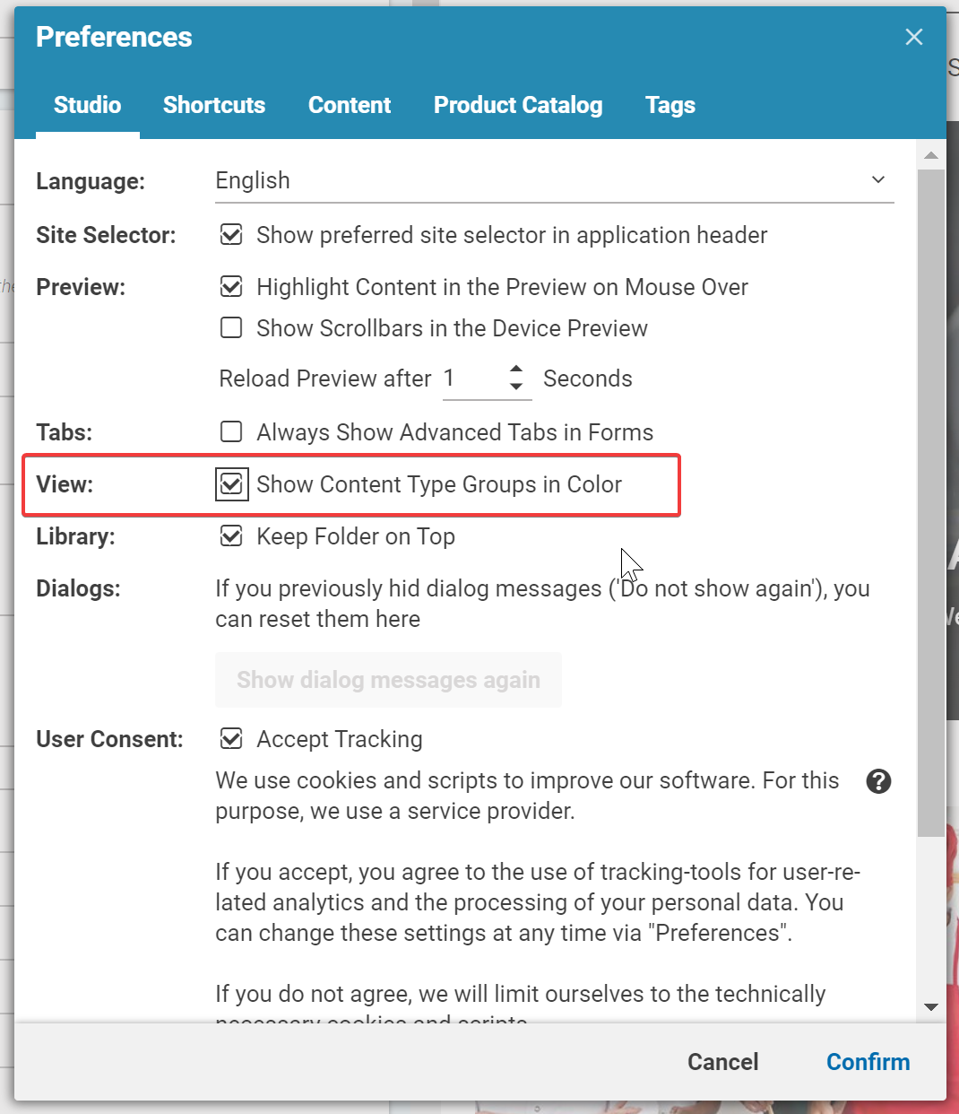 Screenshot of preference window to enable color coding