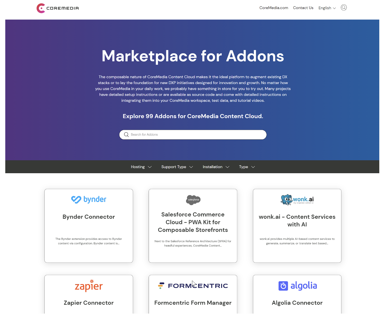 Screenshot of CoreMedia Addons offerings
