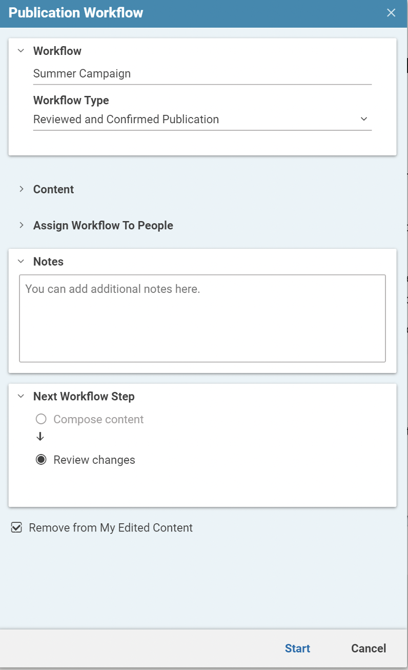 Screenshot of publication workflow